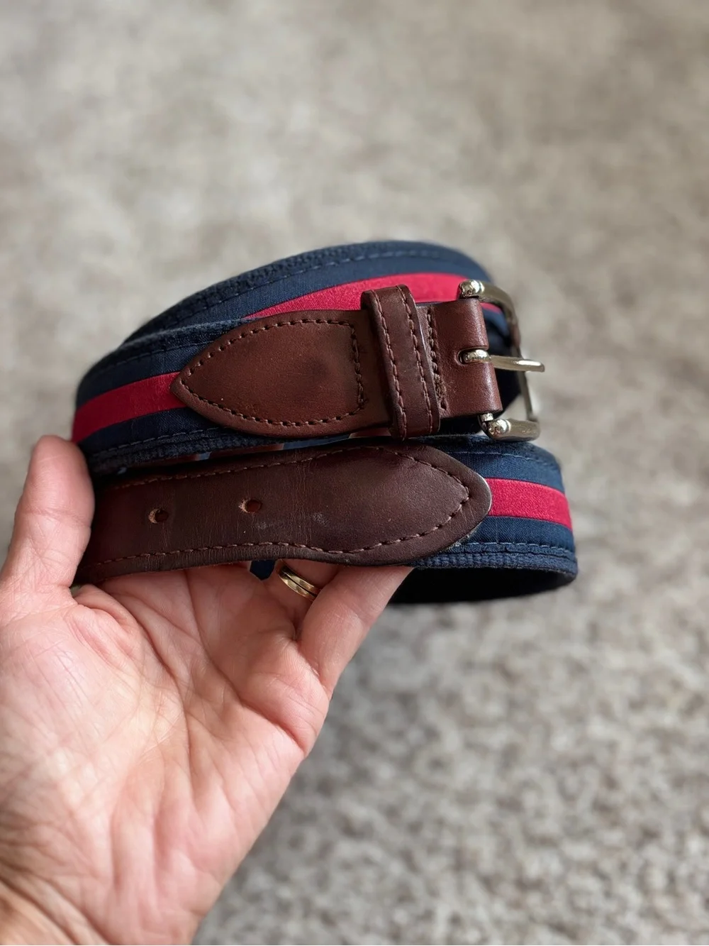 The Belted Cow Classic Stripe Club Belt 40/100 Canvas Leather Trim Brass Buckle